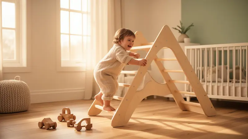 Lapsi leikkii Pikler-kolmion ja Montessori-puupalikoiden kanssa valoisassa lastenhuoneessa
